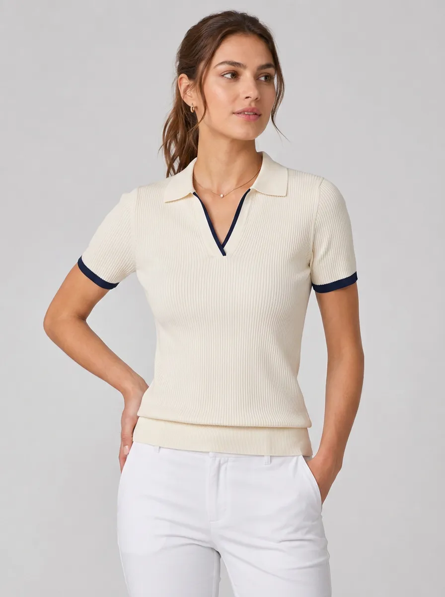 Women's Equestrian Lover Ribbed V-Neck Contrast Trim Polo Shirt