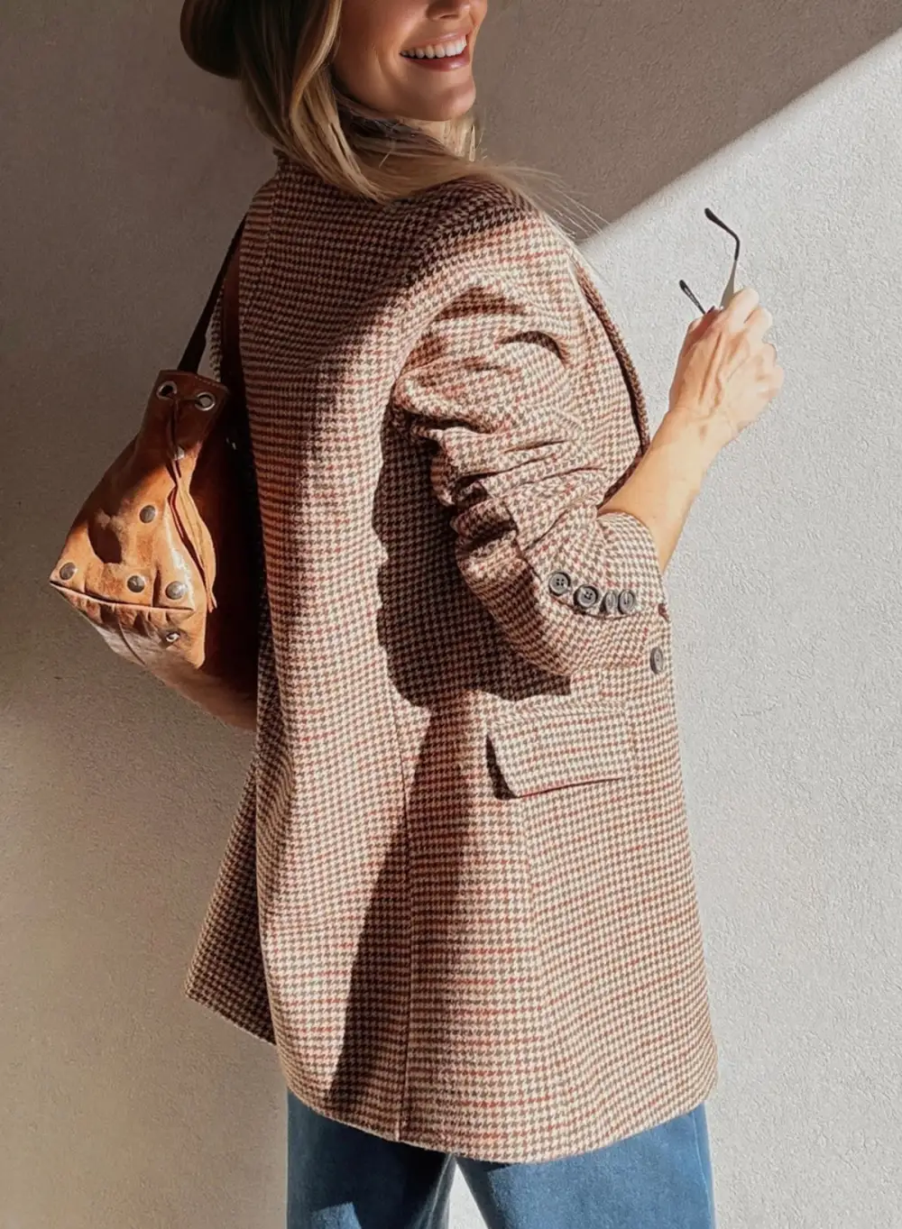 Women's Houndstooth Lapel Collar Blazer