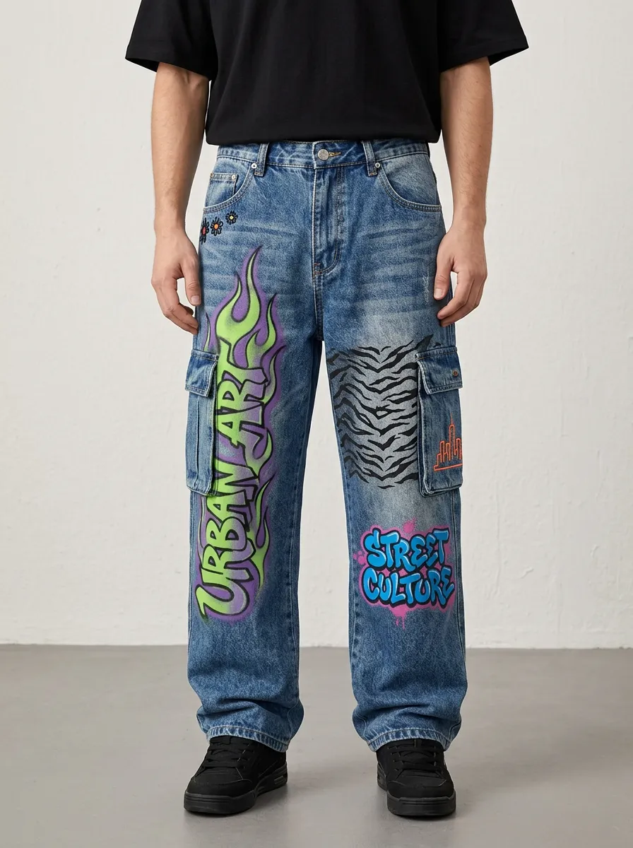 Men's Urban Art Flame Graffiti Cargo Jeans