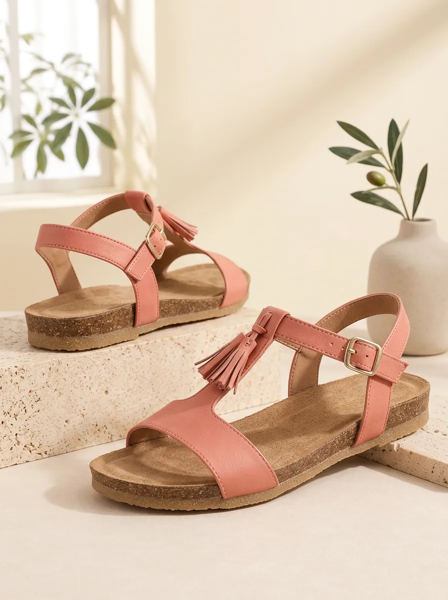 Women's Tassel Cork Detail Flat Sandals