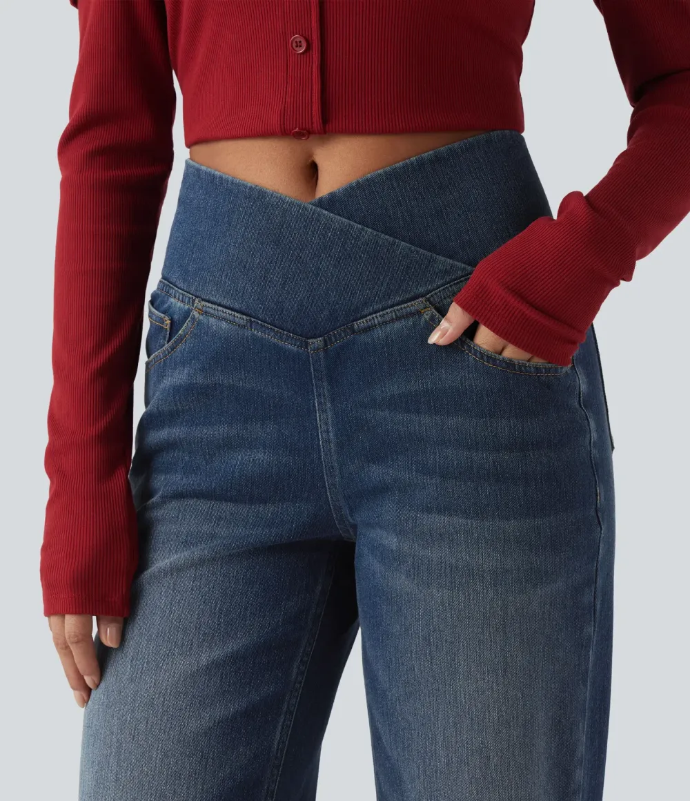High-waisted, relaxed, crossover straight-leg jeans with  pockets