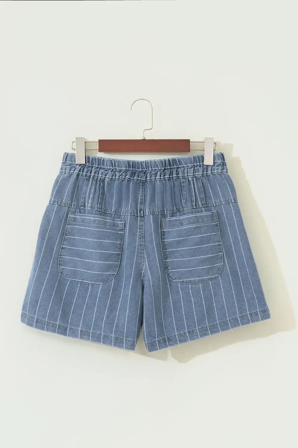 High-Waist Drawstring Pleated Striped Denim Shorts