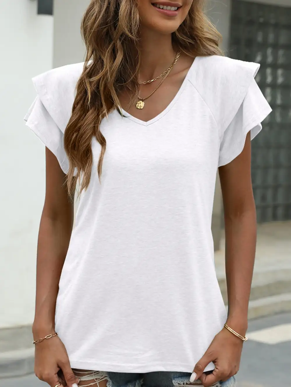 V Neck Double Layer Ruffle Sleeve Tank Top