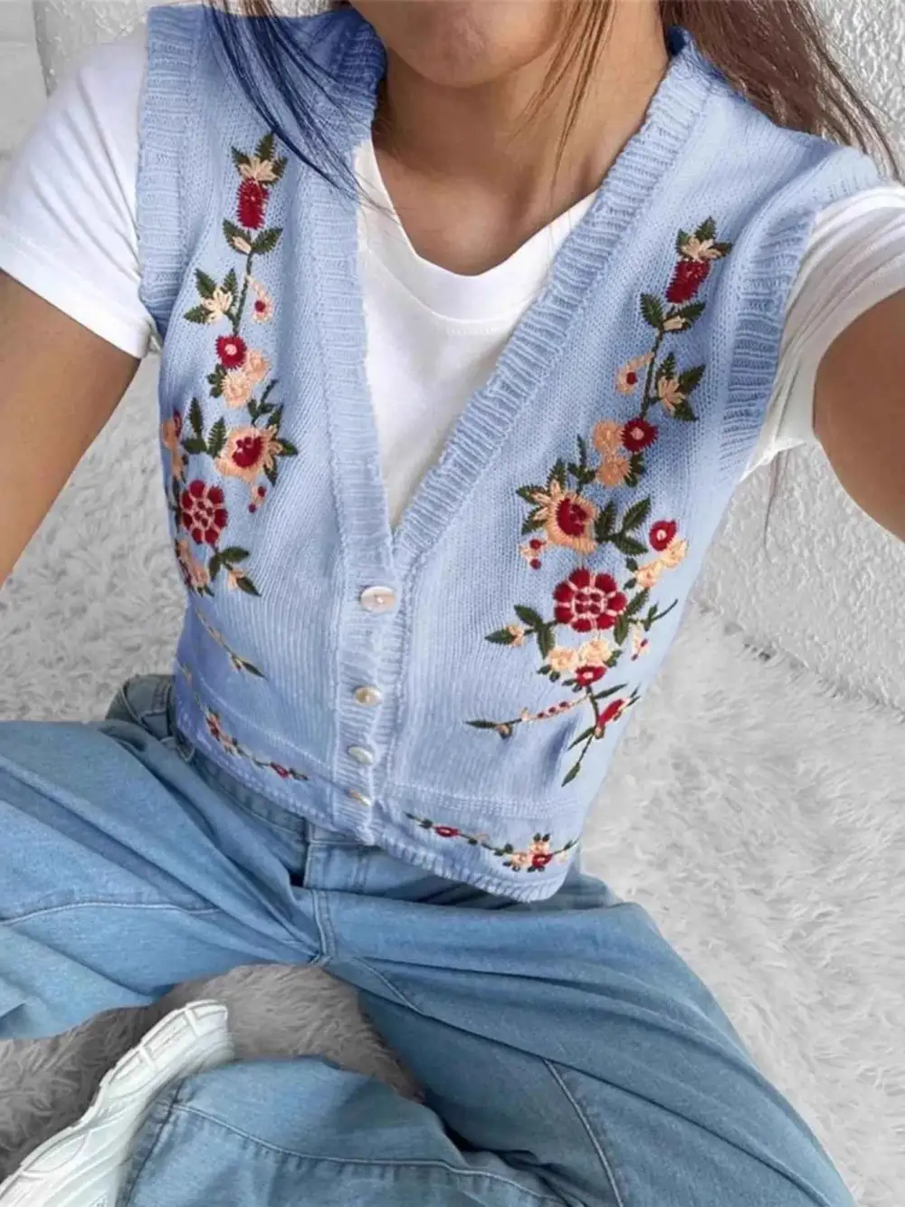 Embroidered Button-Up Sweater Vest