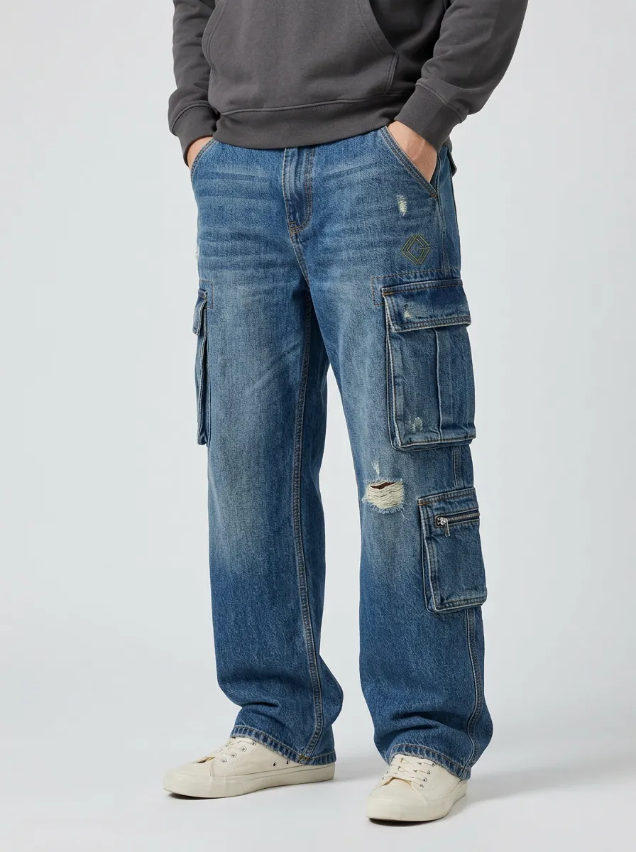 Men's Streetwear Distressed Geometric Graphic Cargo Jeans