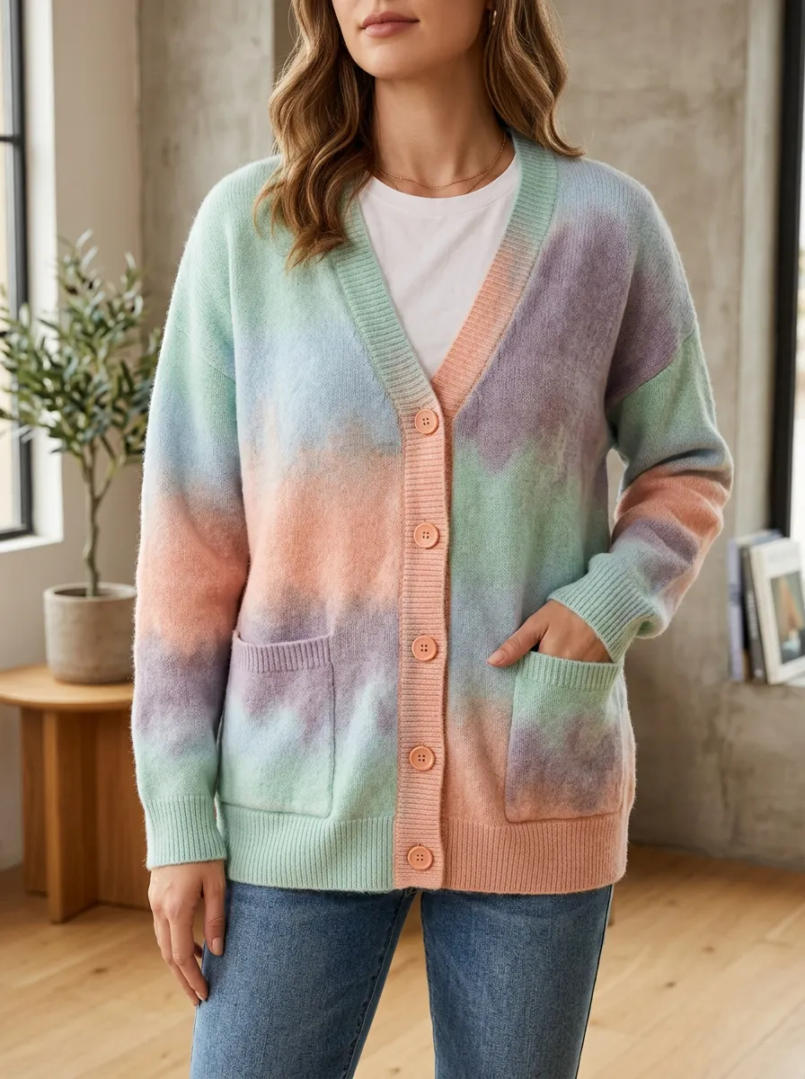 Women's Pastel Tie-Dye Pattern Printed Button Front Versatile Everyday Cardigan