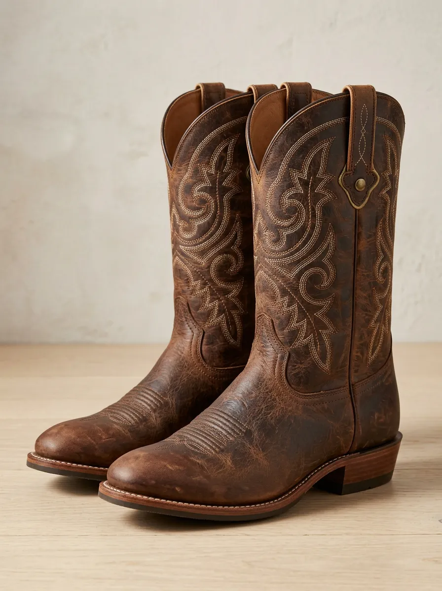 Traditional Embroidered Distressed Rustic-Look Western Boots