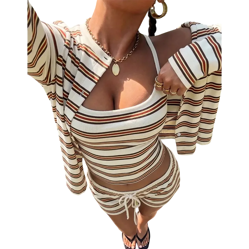 Striped Knit Women's Casual Striped Tank Top Jacket Shorts Set