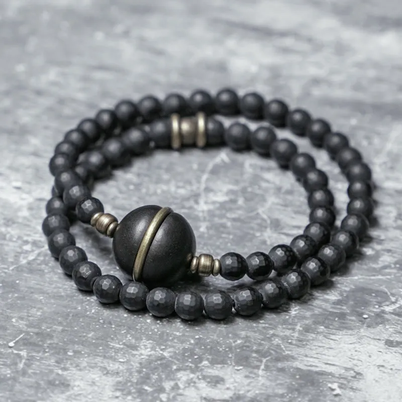 Frosted Cut Surface Onyx Ebony Beads Double Bracelet