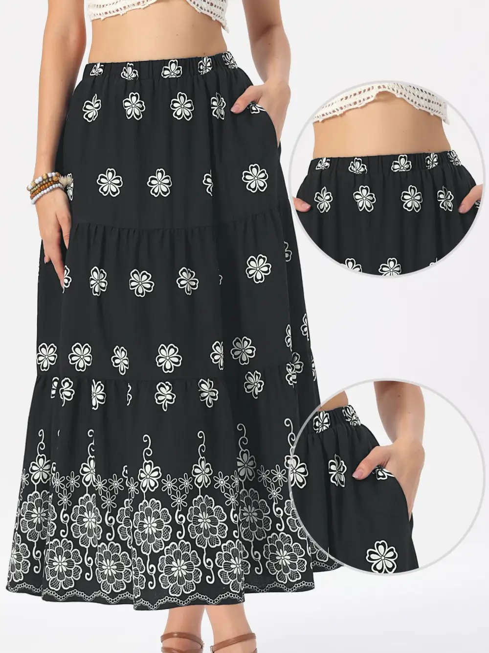 Boho Floral A-Line Tiered Maxi Skirt with Pockets
