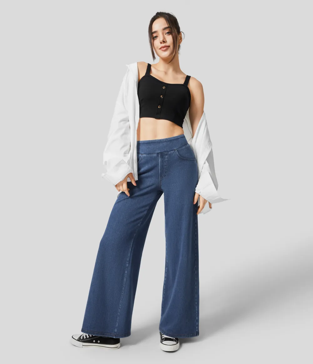 Magic High Waisted Multiple Pockets Wide Leg Stretchy Knit Casual Thermal Jeans