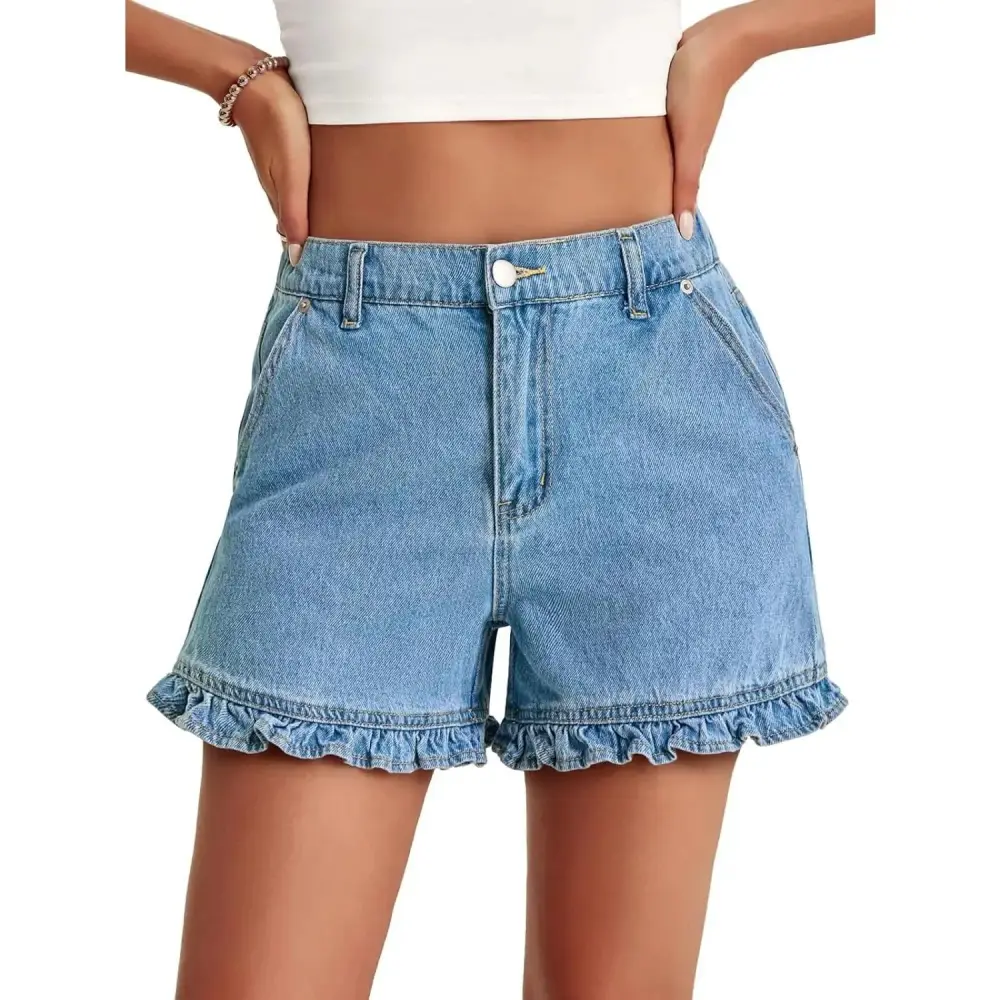 Women's Summer Ruffle Denim Shorts Cute High Waisted Cotton Jorts