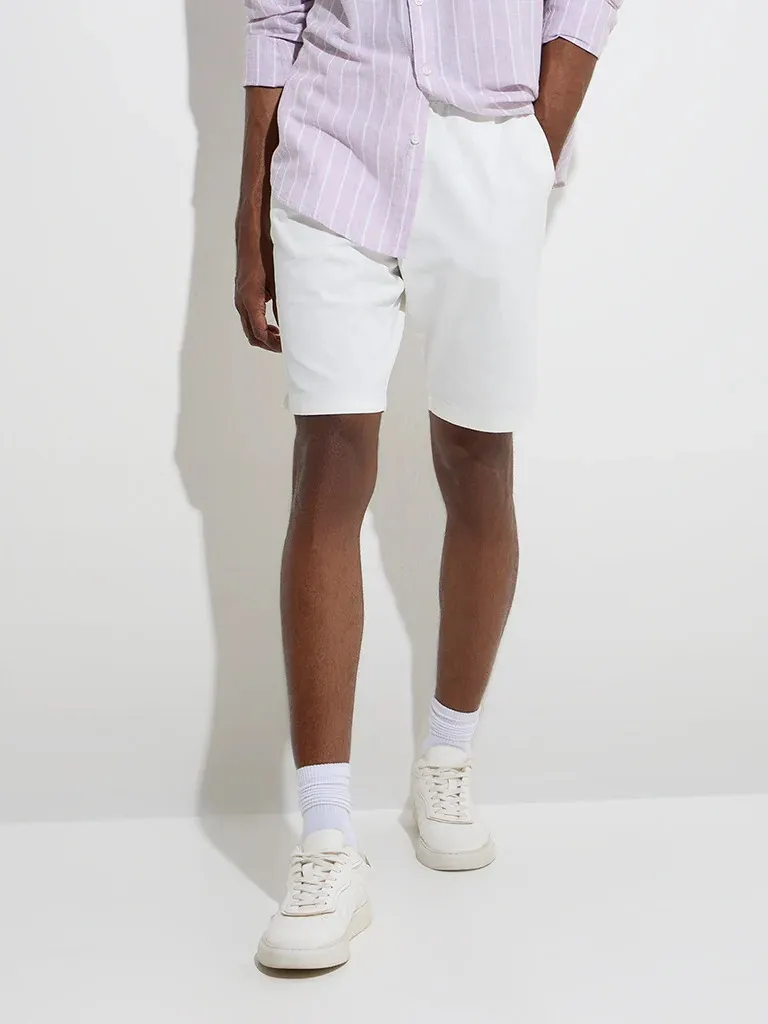 White Relaxed-Fit Mid-Rise Cotton-Blend Shorts