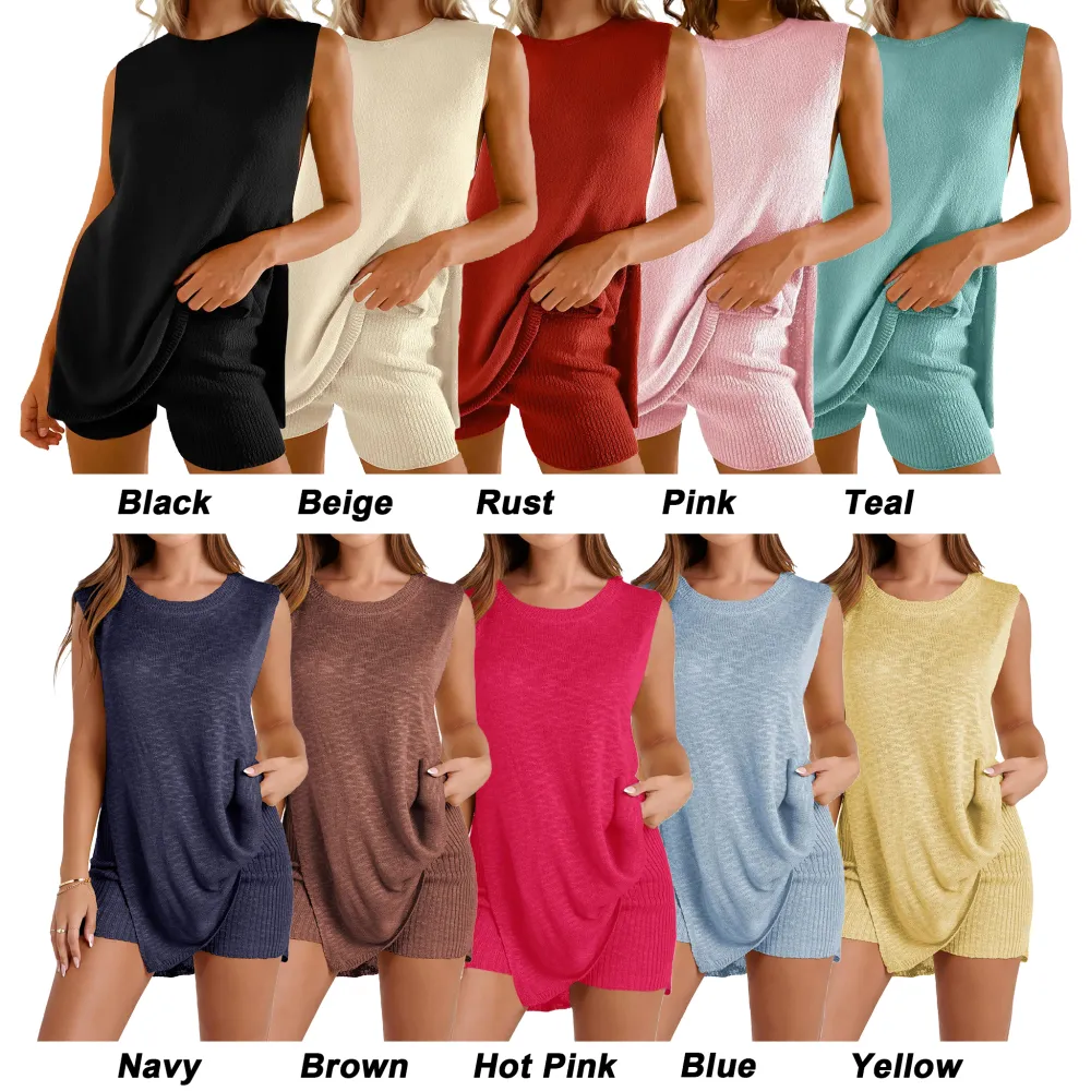 Women's Knit Sweater Set Sleeveless Tunic Top Matching Short 2 Pieces Set