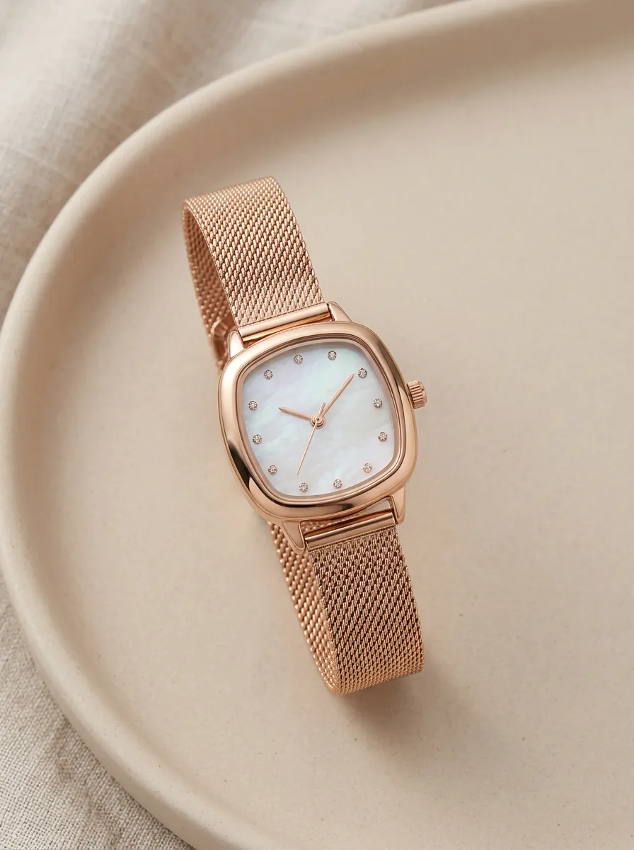 Classic Rose Gold Cushion Case Mesh Watch