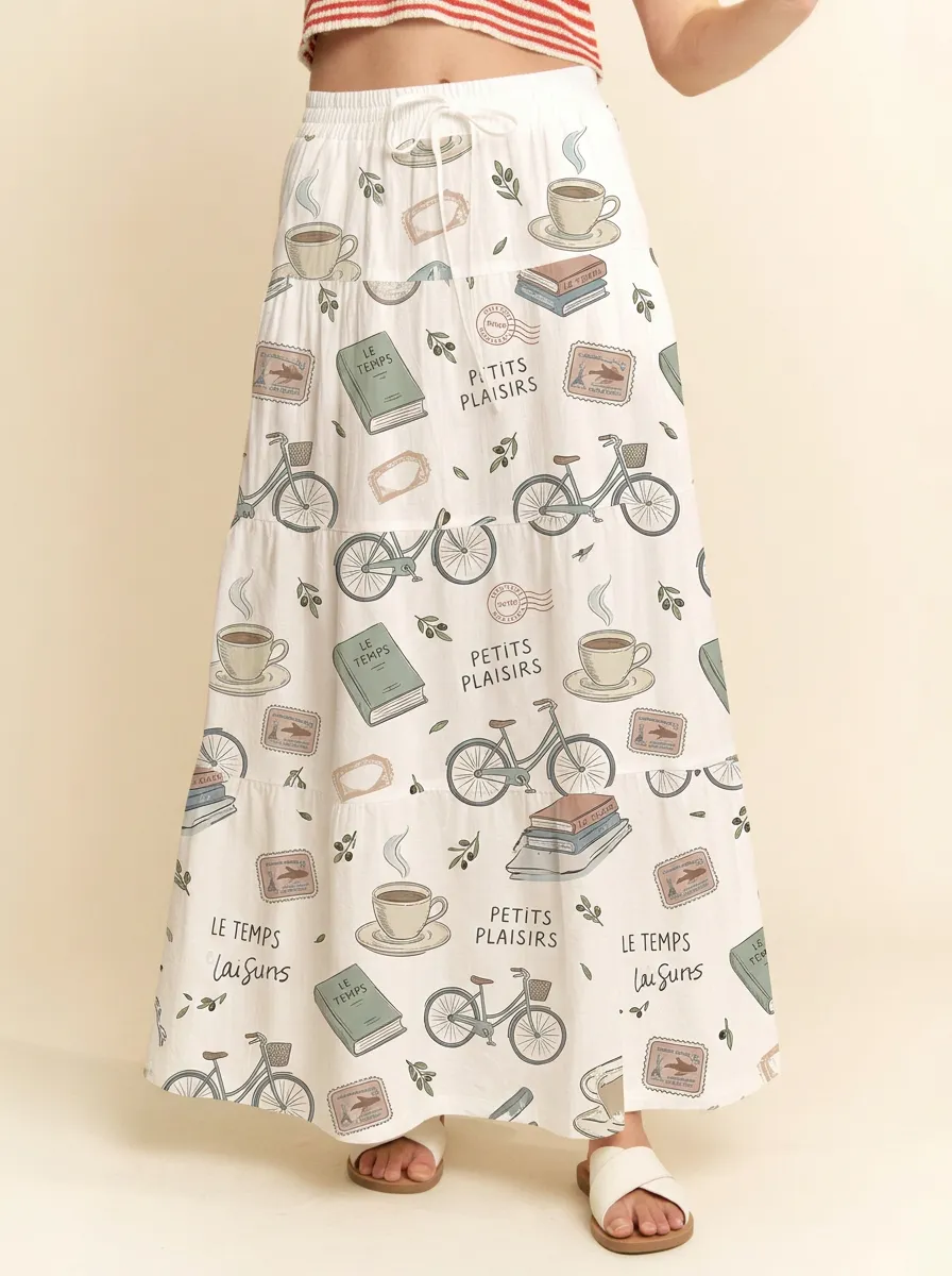 Women's Coffee Book Bicycle Aesthetic Printed Maxi Skirt