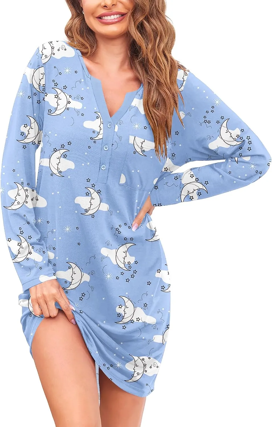 Ekouaer Women's Nightgowns Long Sleeve Button Down V Neck Pajama Dress