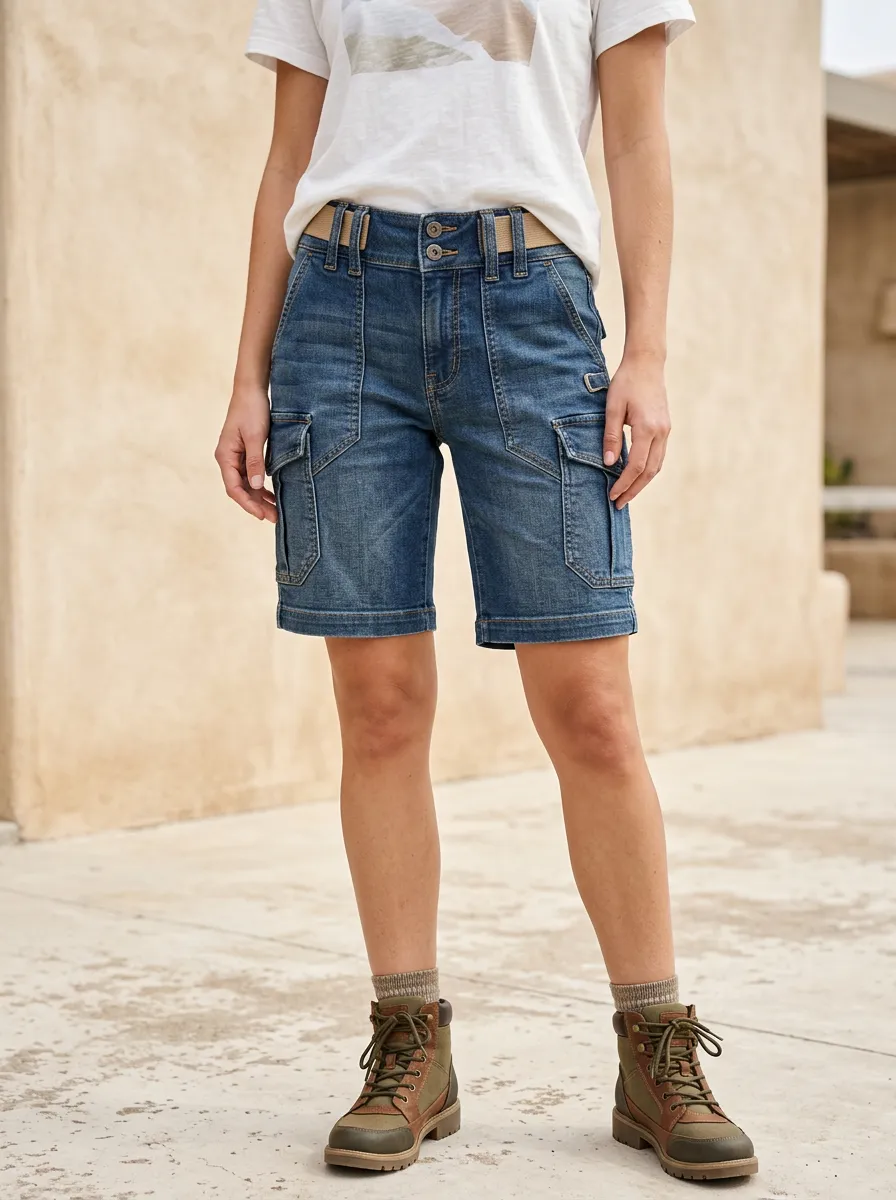 Women's Casual Outdoor Utility Denim Cargo Shorts