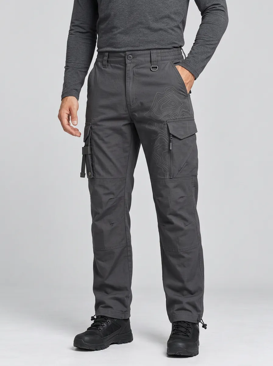 Men's Charcoal Grey Topographic Multi-Pocket Reinforced Knee Zip Thigh Pocket Tactical Cargo Pants