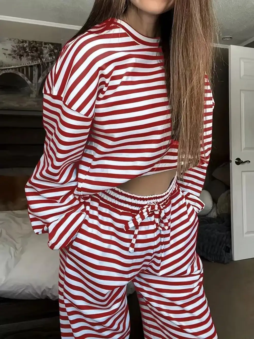 Relaxed Striped Round Neck Top and Pants Set
