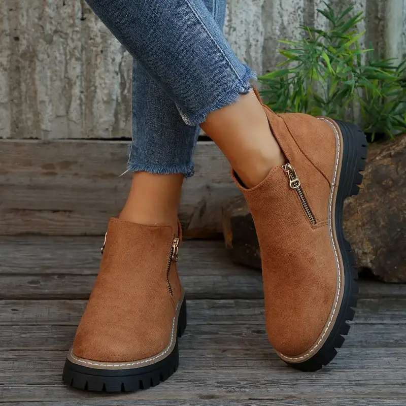 Pull On Buckle Strap Ankle Boots