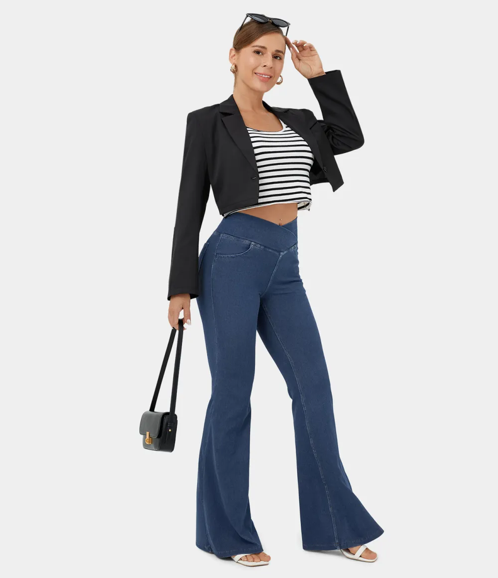 Magic High Waisted Crossover Pocket Cool Touch Washed Stretchy Knit Casual Super Flare Jeans
