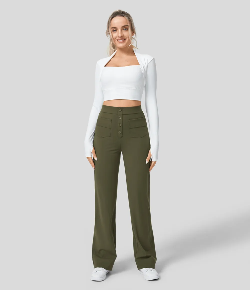 High Waisted Button Multiple Pockets Straight Leg Casual Pants