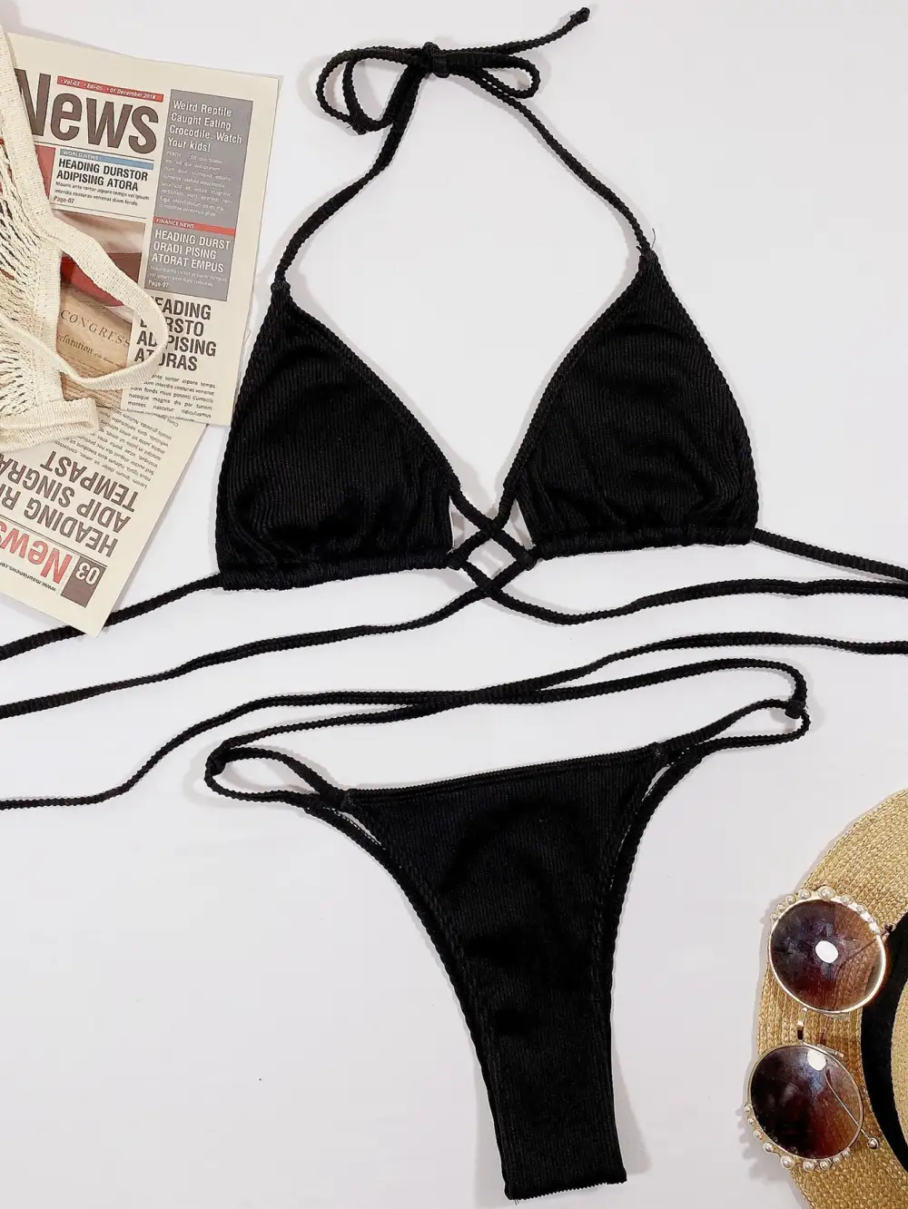 Halter Neck Crisscross Ribbed Bikini Swim Set