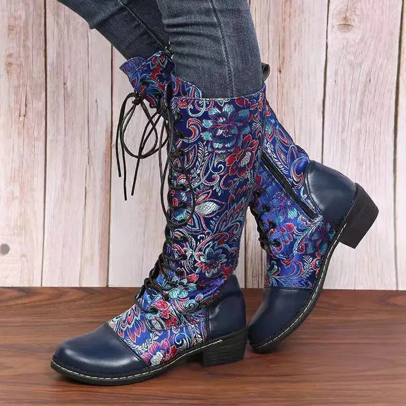 Embroidered Lace-Up Block Heel Boots