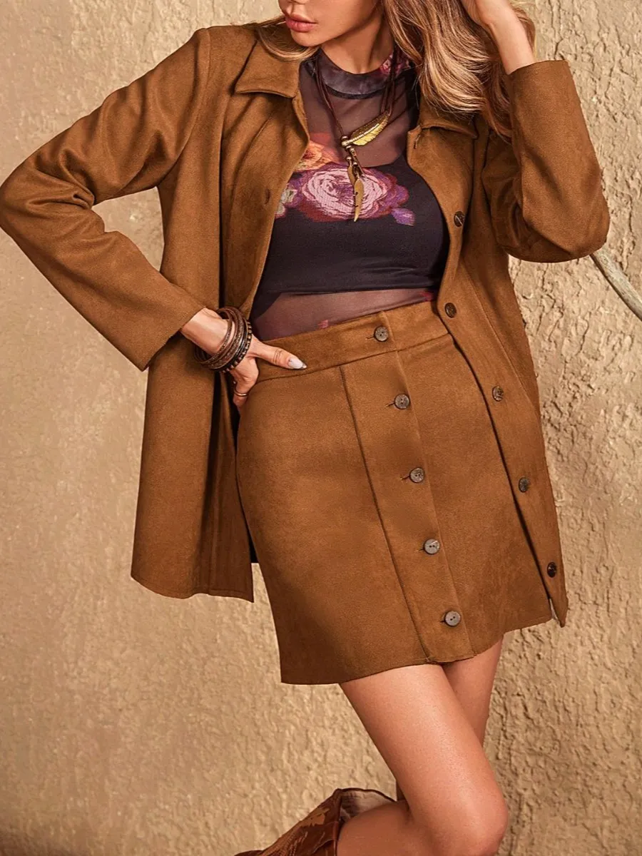 Button-up Collared Jacket and Skirt Set