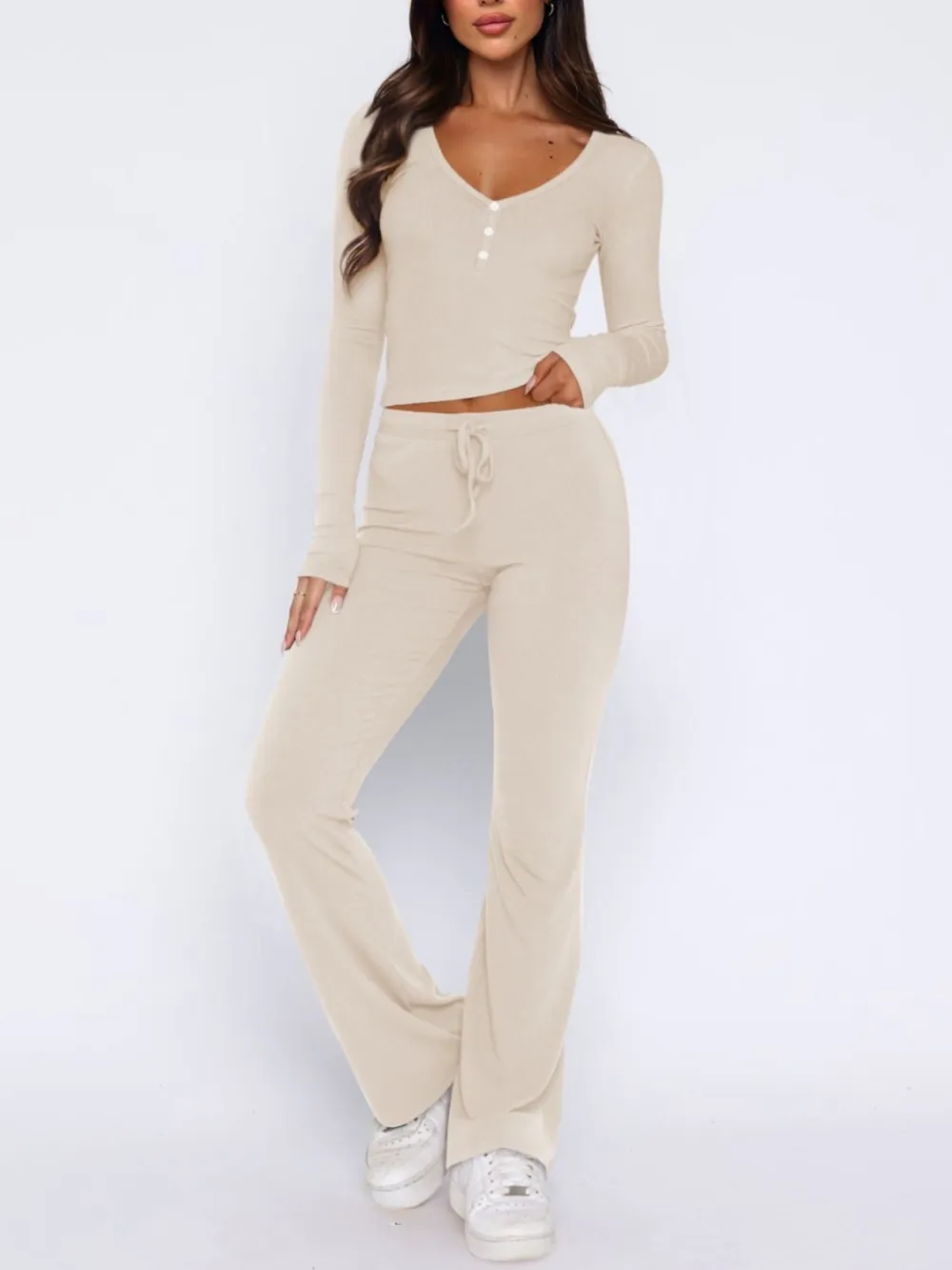 V-Neck Long Sleeve Top And Pants Set