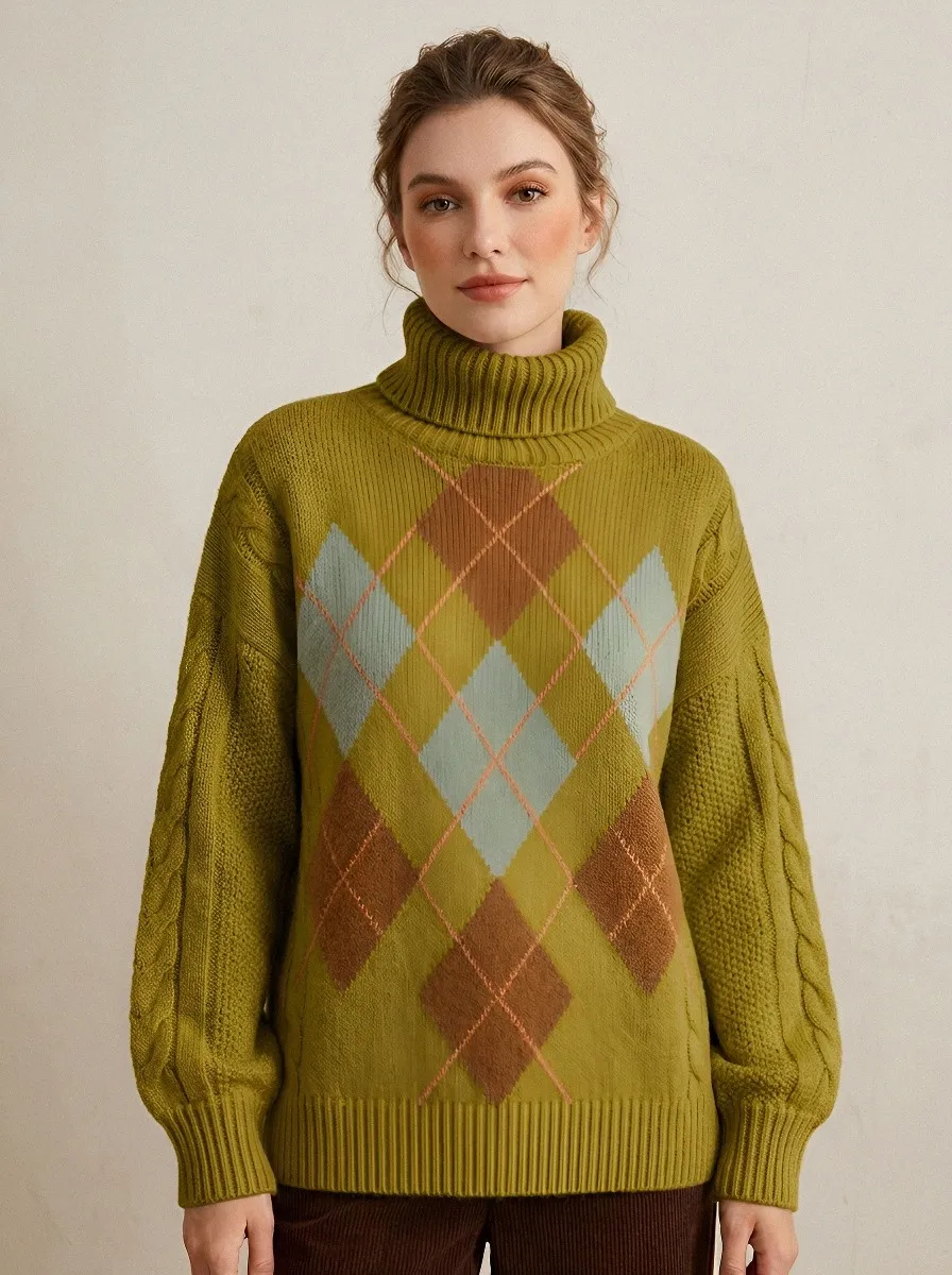 Women's Vintage Style Argyle Pattern Knitted Turtleneck Sweater