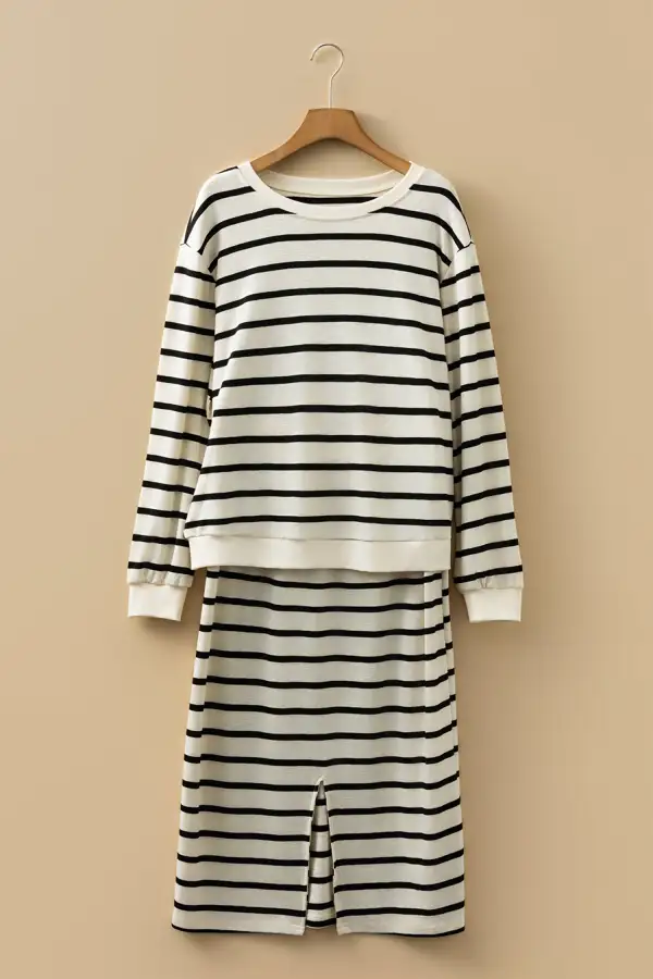 Women's Ribbed Trim Button Cuff Long Sleeve Top Midi Skirt Two Piece Outfit