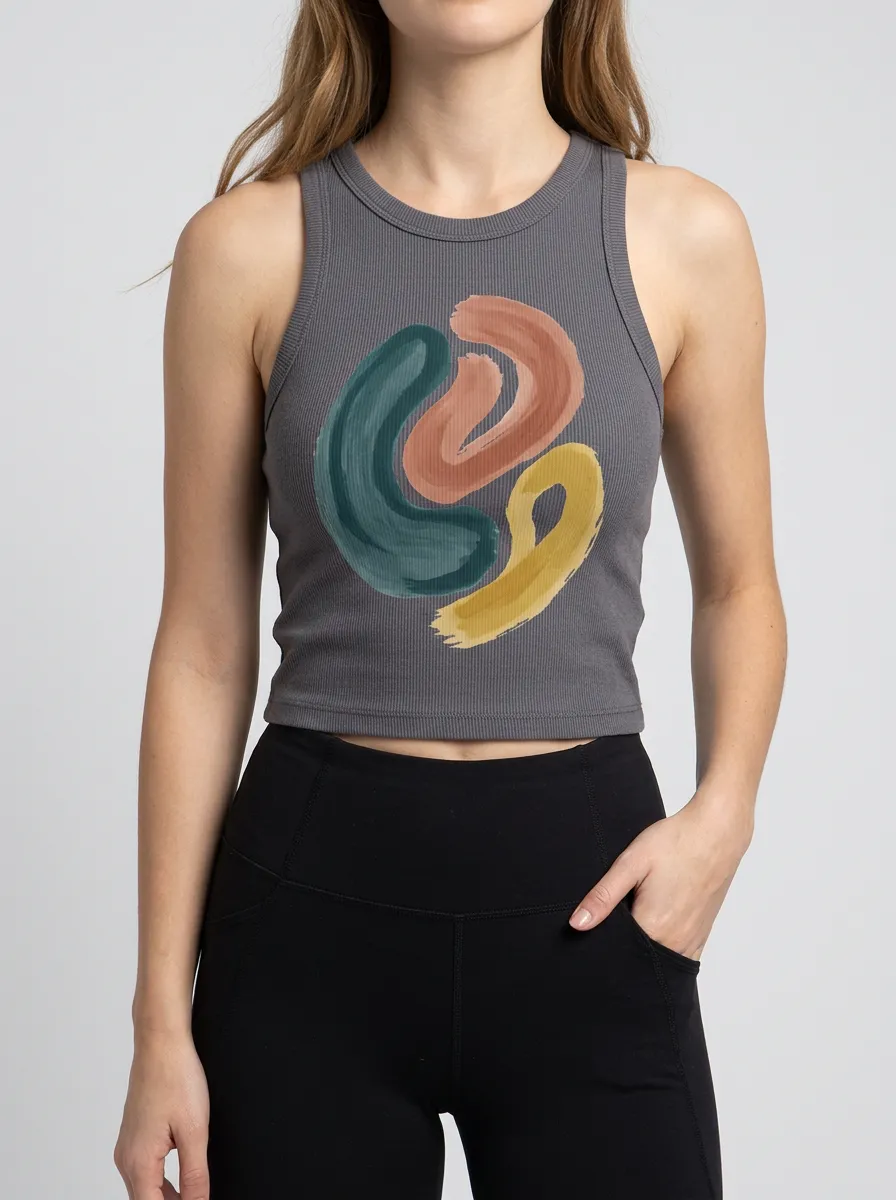 Women's Abstract Art Colorful Brushstroke Printed Ribbed Crop Tank Top