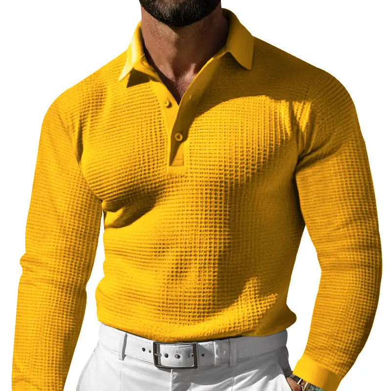 Waffle Texture Elastic Hem Long Sleeve Polo Shirt