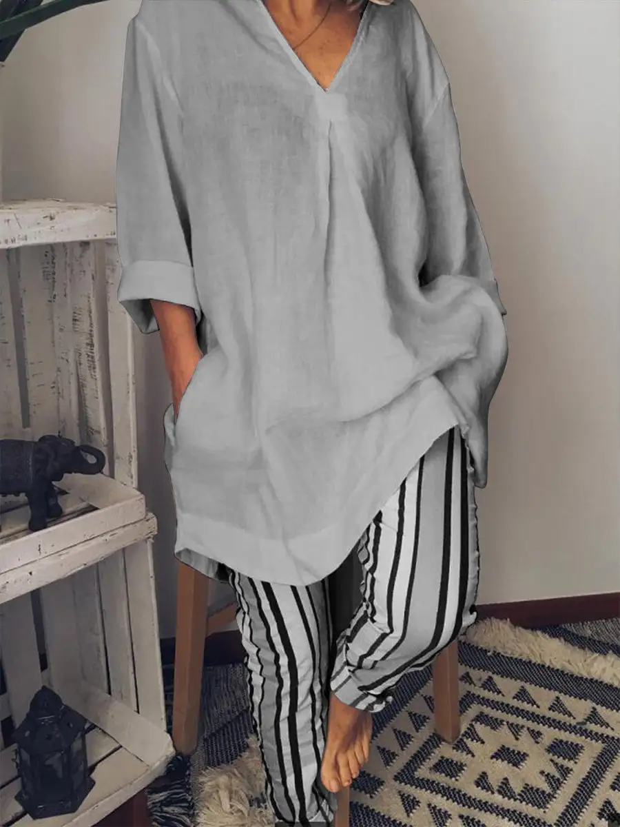 Women's V-neck Long Version Tee And Heavy Stripe Pants Suits