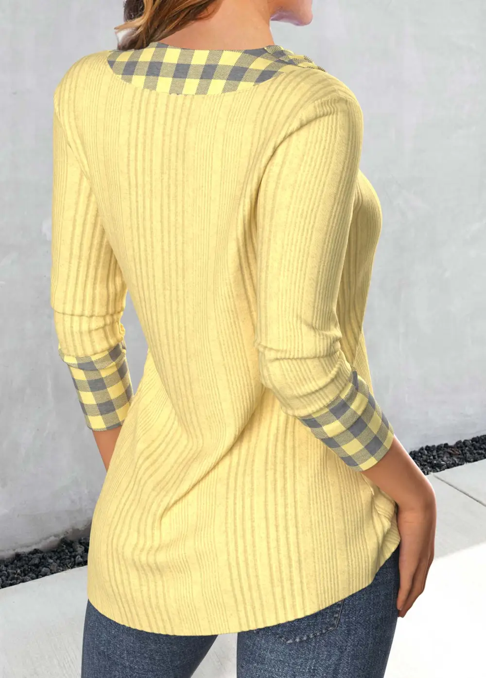 Light Yellow Patchwork Plaid Long Sleeve T Shirt