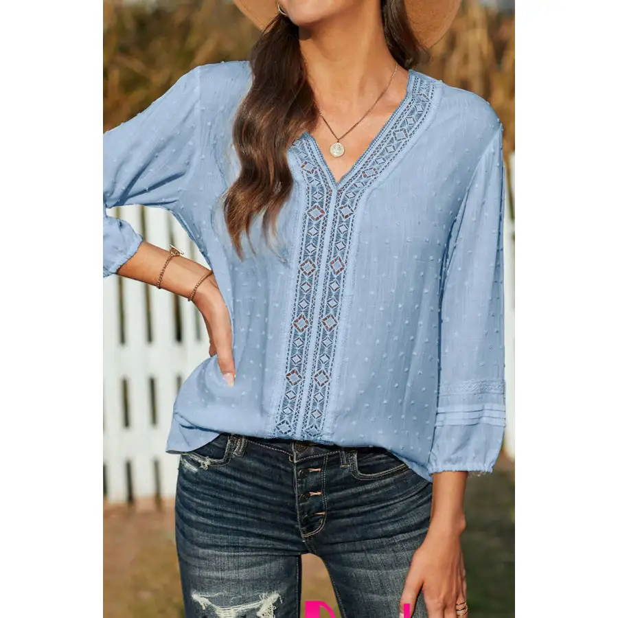 Swiss Dot V Neck Long Sleeve Blouse