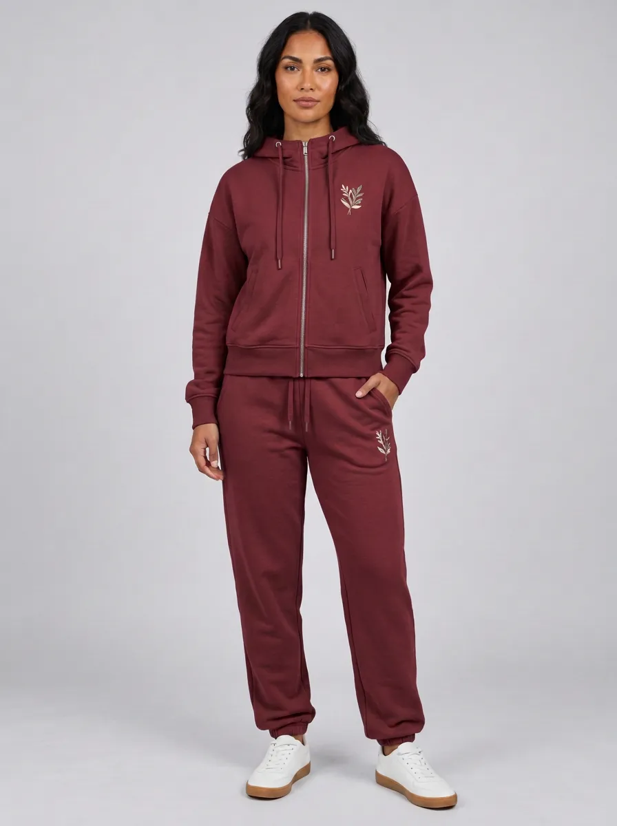 Women's Sage Green Botanical Leaf Embroidered Relaxed Zip-Up Hoodie Jacket & Jogger Set