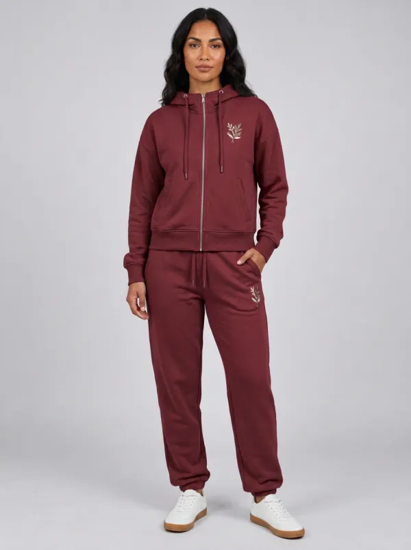 Women's Sage Green Botanical Leaf Embroidered Relaxed Zip-Up Hoodie Jacket & Jogger Set