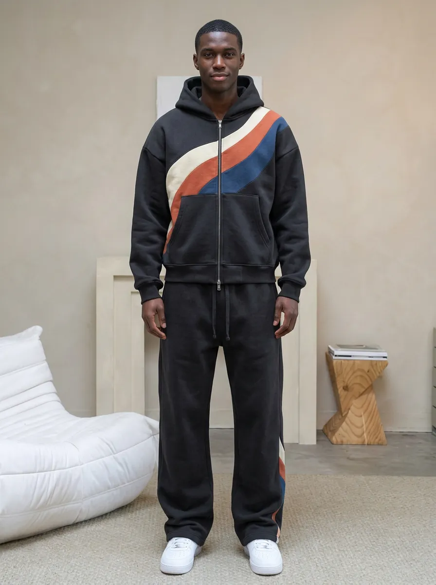 Men's Retro Wave Pattern Printed Hoodie Tracksuit Set
