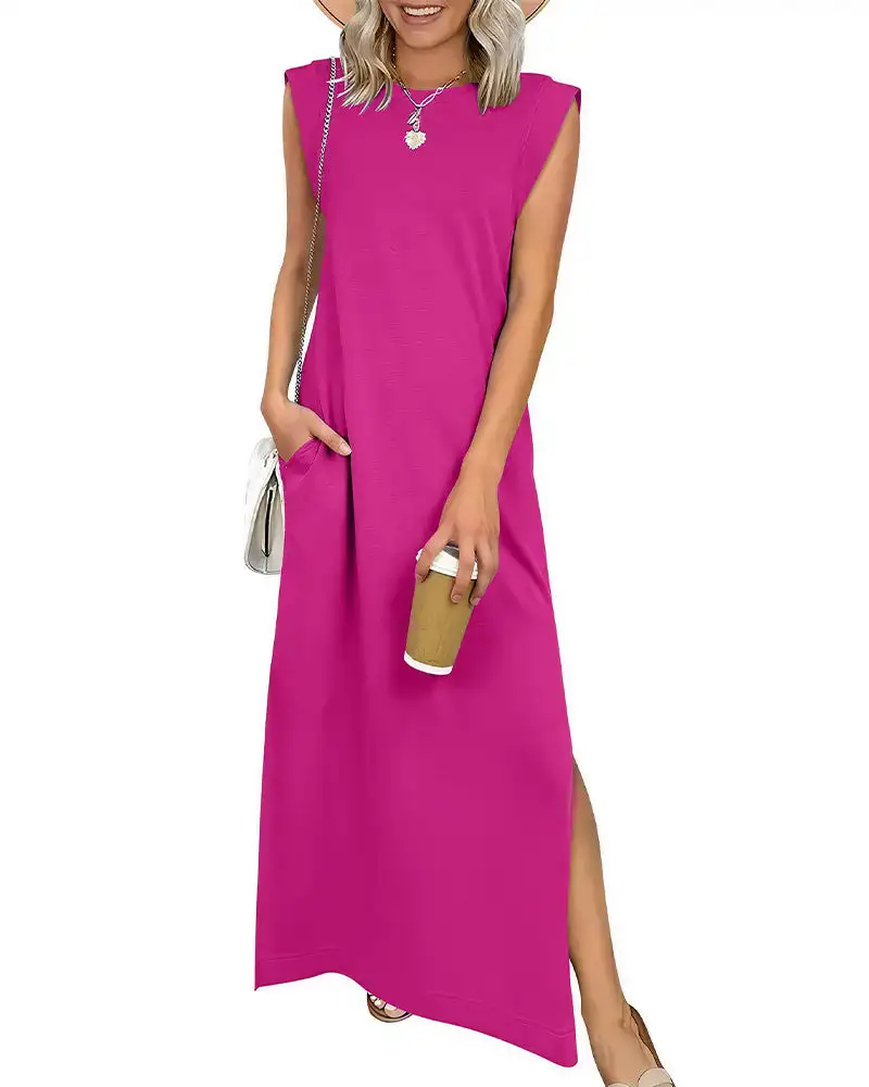 Casual Sleeveless Split Maxi Dress With Pockets