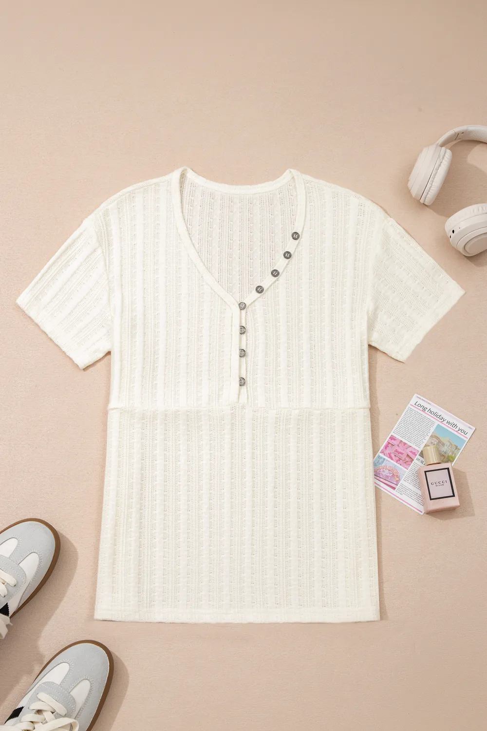 White Textured Button V Neck Tee