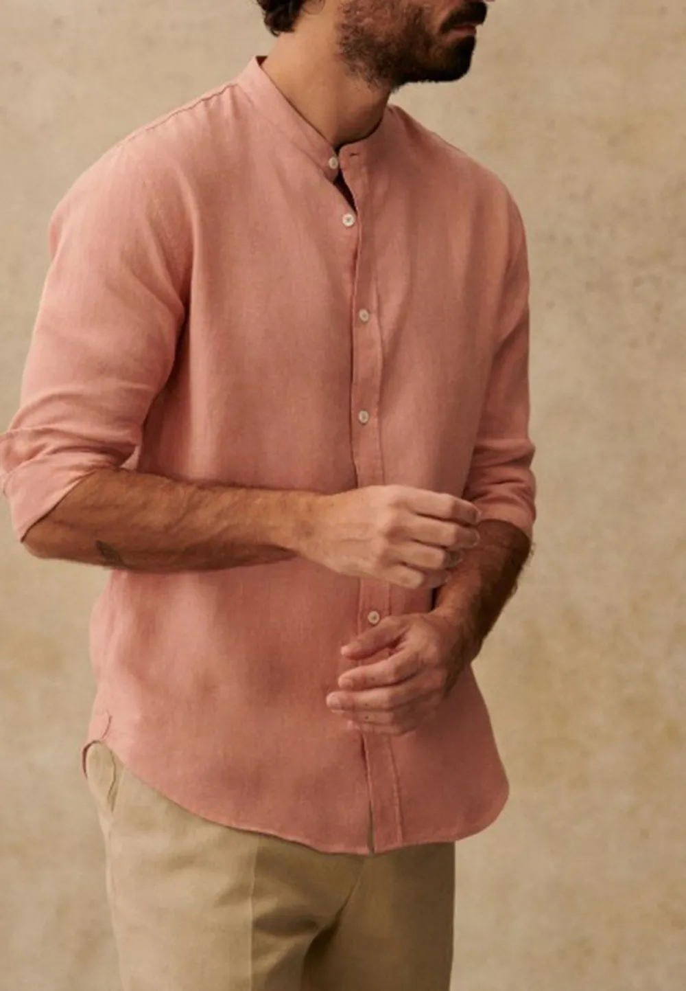 Cream Mandarin Collar Linen Blend Long Sleeve Shirt