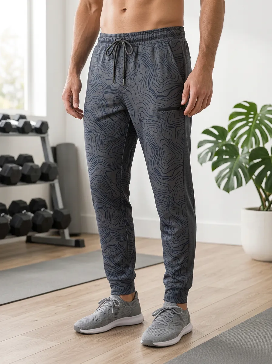 Men's Topographic Print Athletic Joggers Drawstring