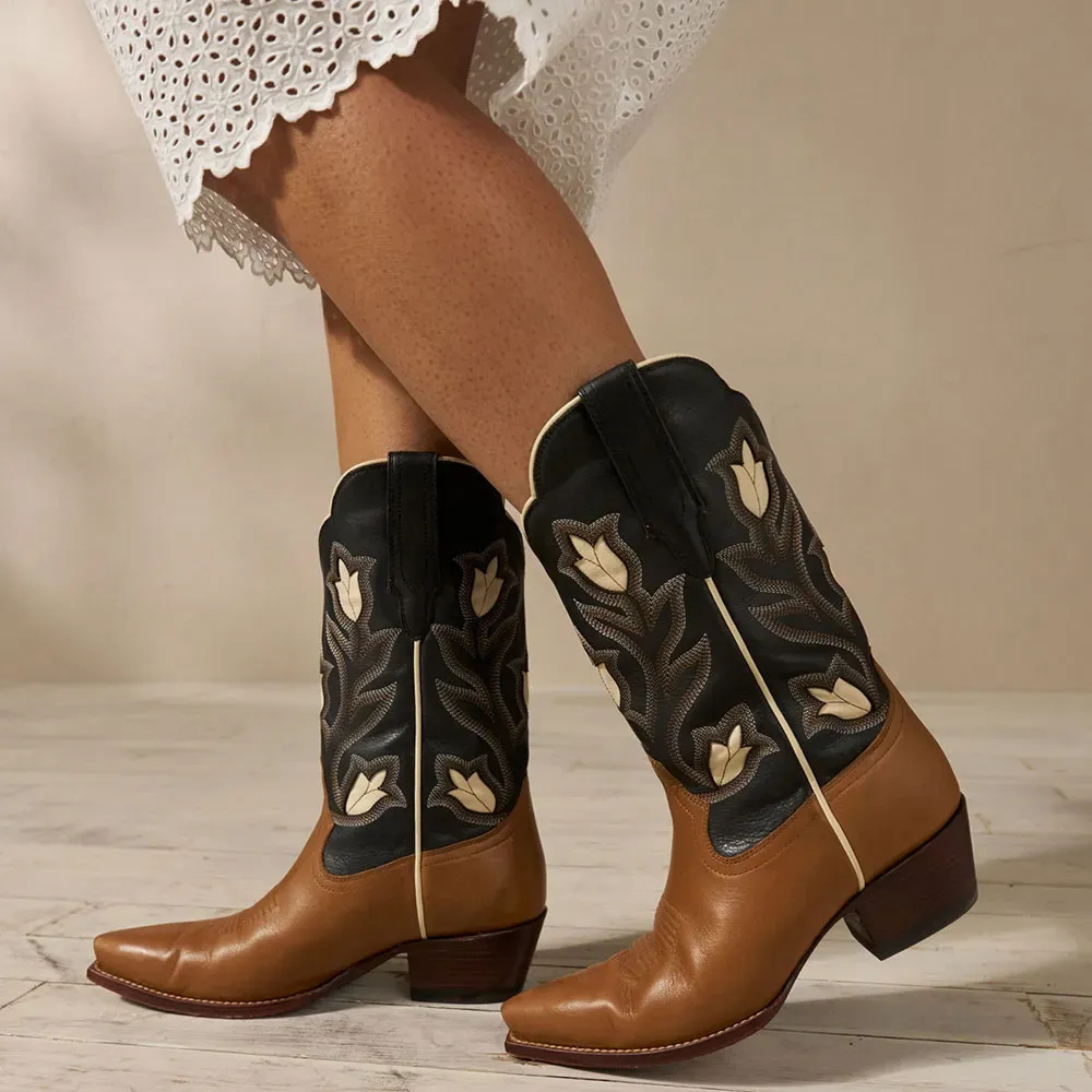 Faux-Leather Embroidered Floral Snip-Toe Mid-Calf Boots