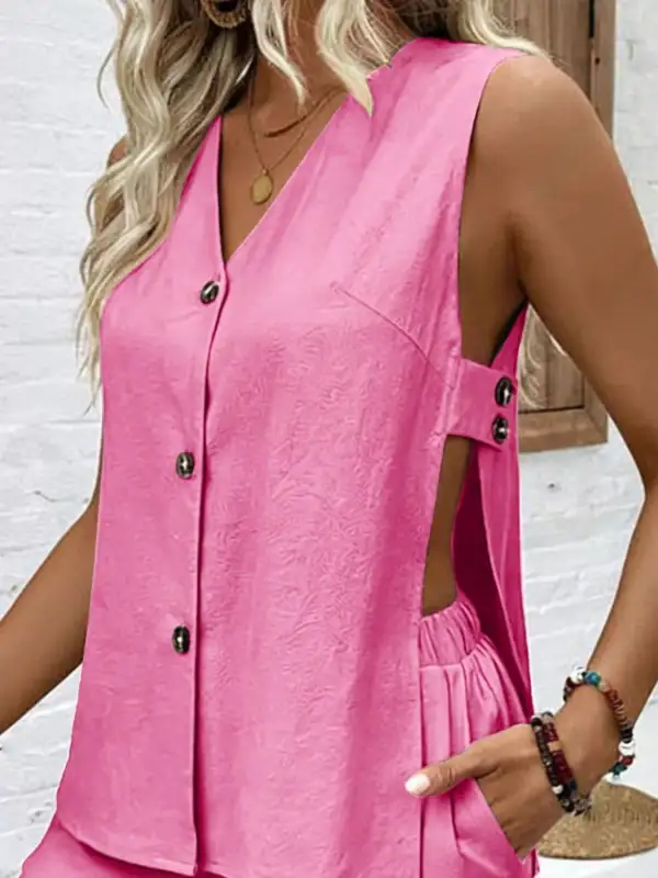 Sleeveless Button Down Top and Shorts Set