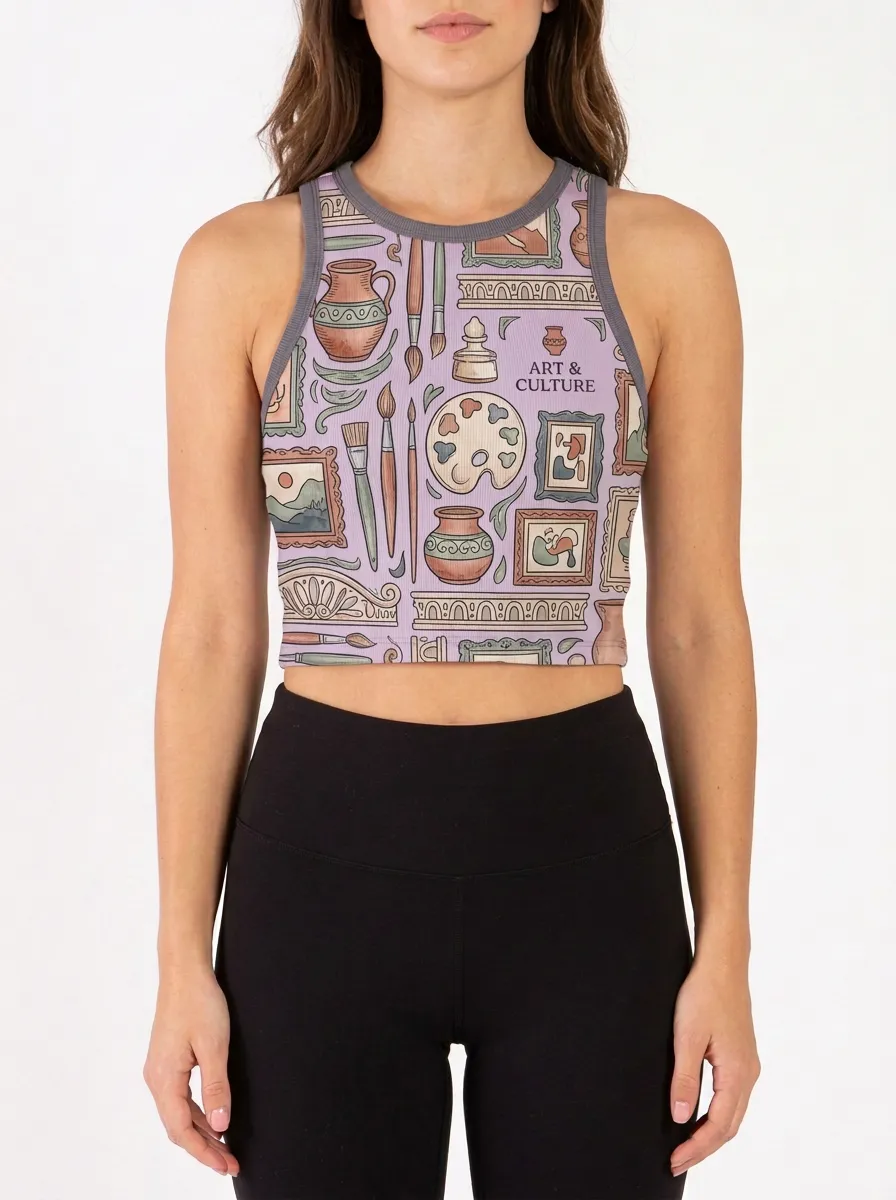 Women's Art Culture Palette Brush Graphic Ribbed Crop Tank Top