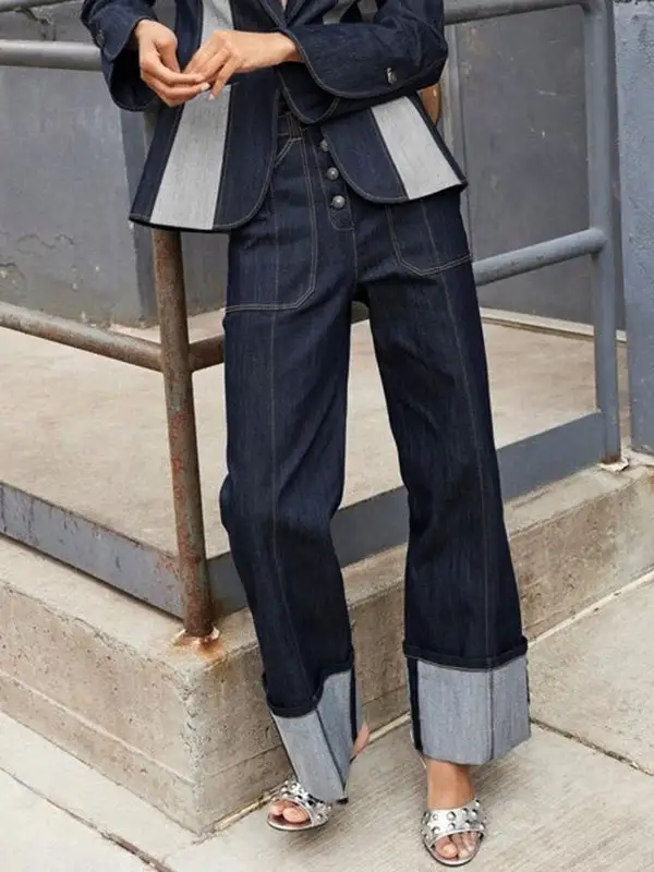 Contrast Panel High Waist Straight Leg Seamed Jeans