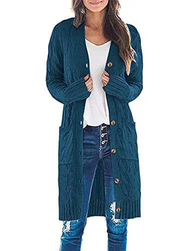 Womens Long Sleeve Cable Knit Long Cardigan Open Front Button Sweater Outerwear